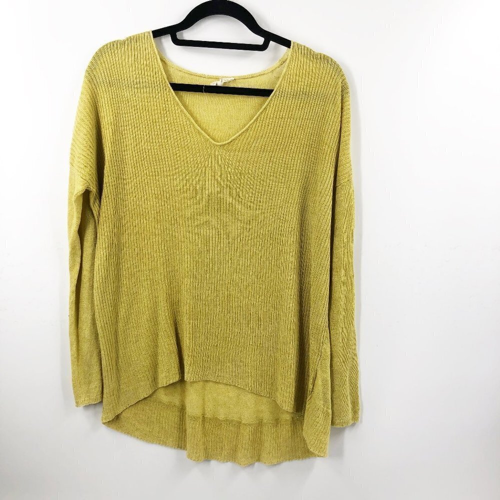 ✅ EILEEN FISHER YELLOW V-NECK 100% LINEN RIBBED TOP SIZE SMALL
